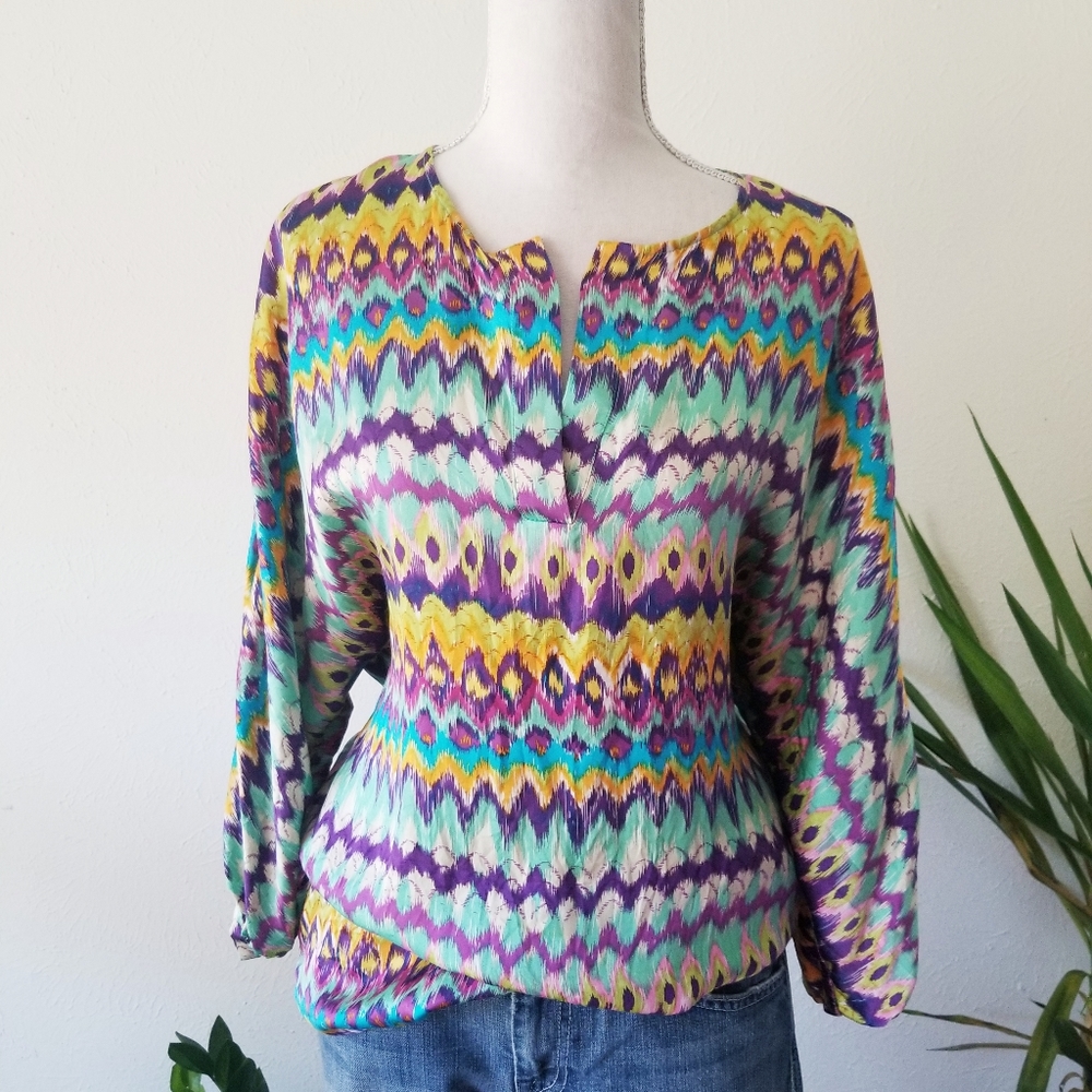 Dora Landa Tie Dye Ikat Pattern Silk Tunic Top XS